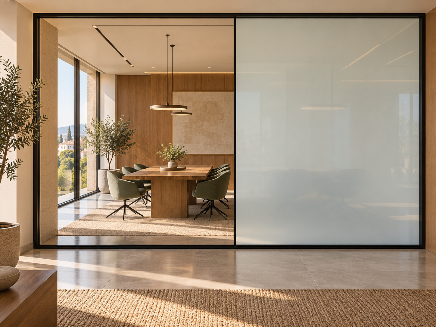 Visualización de una sala con cristal de privacidad